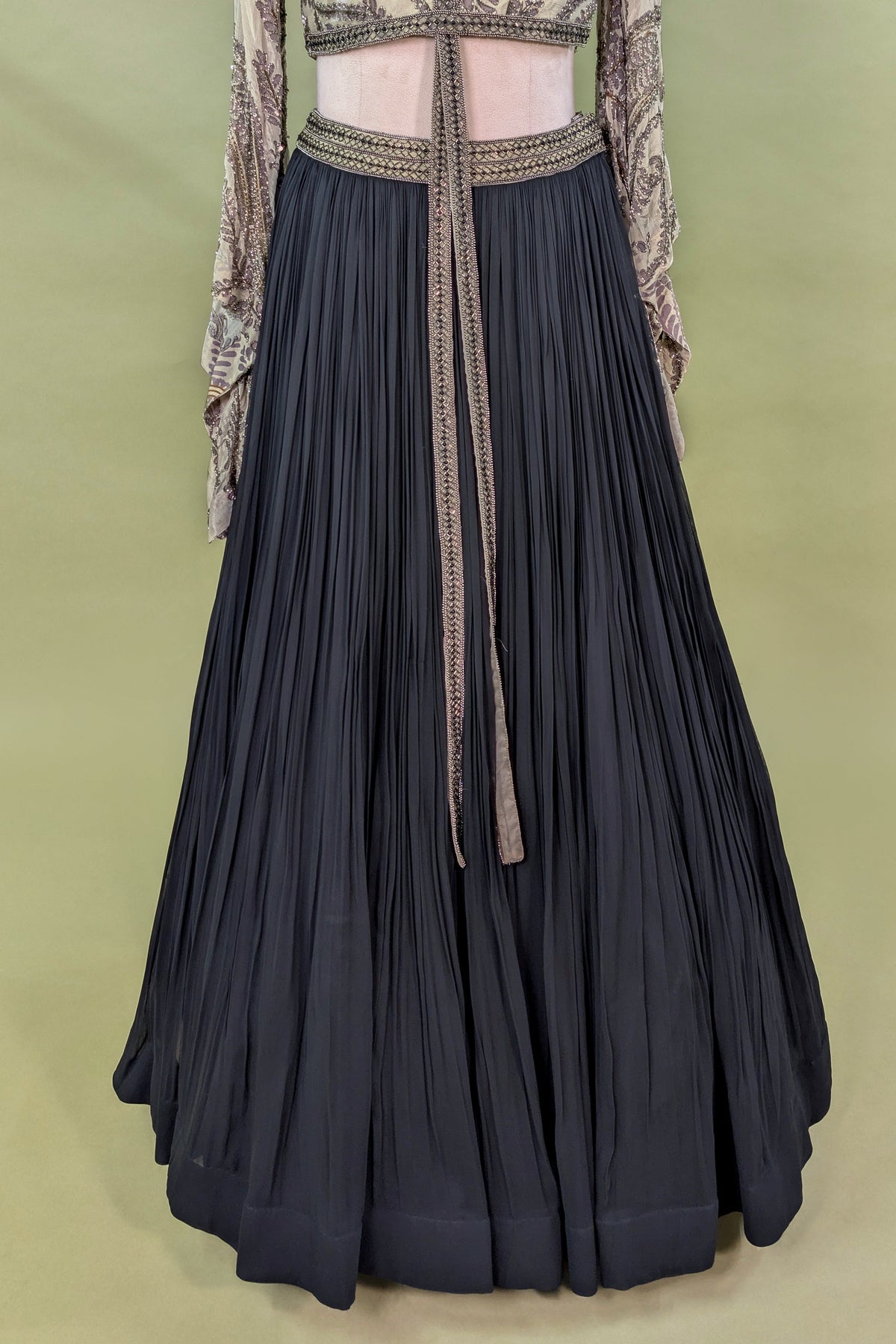 Black Georgette Pleated Flared Lehenga with Cutdana Sequin Worked Crop Top