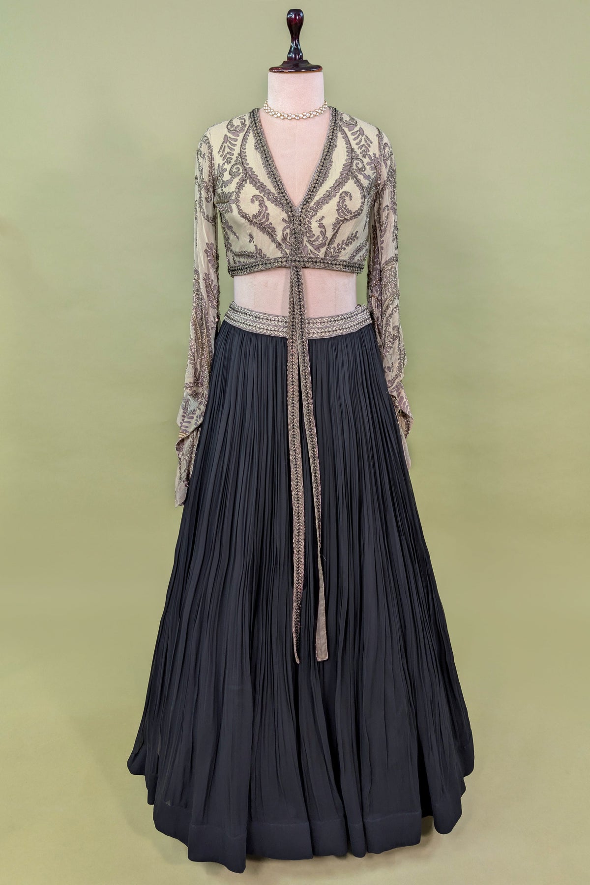 Black Georgette Pleated Flared Lehenga with Cutdana Sequin Worked Crop Top