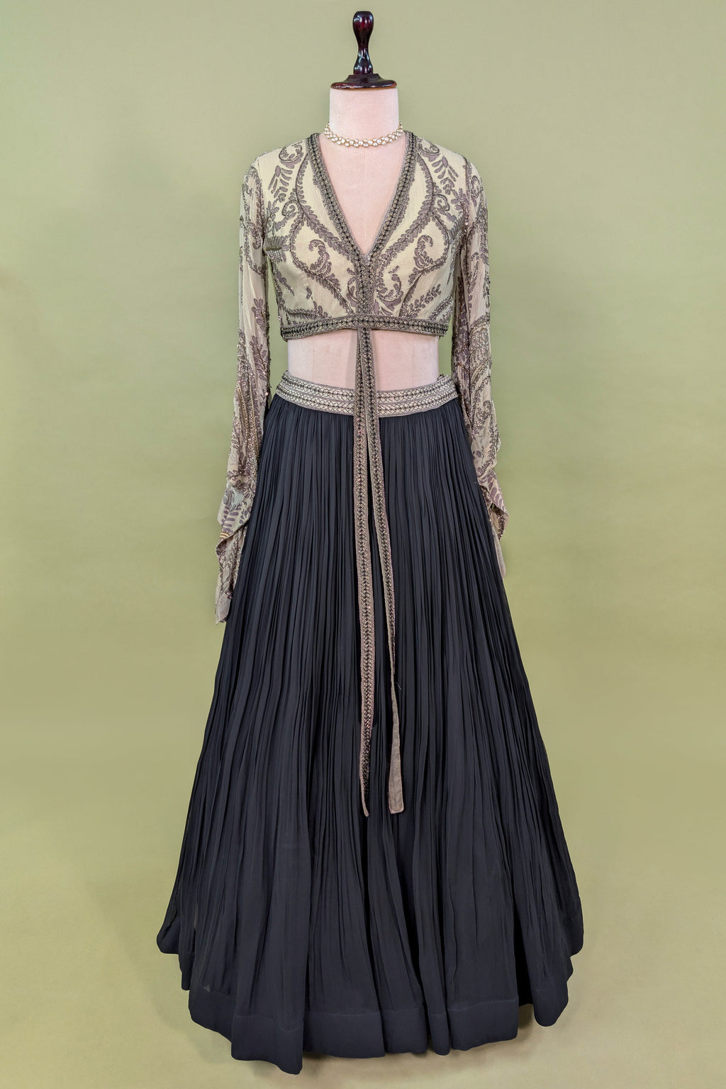 Black Georgette Pleated Flared Lehenga with Cutdana Sequin Worked Crop Top