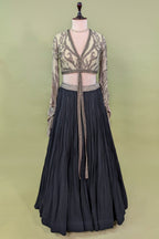 Black Georgette Pleated Flared Lehenga with Cutdana Sequin Worked Crop Top