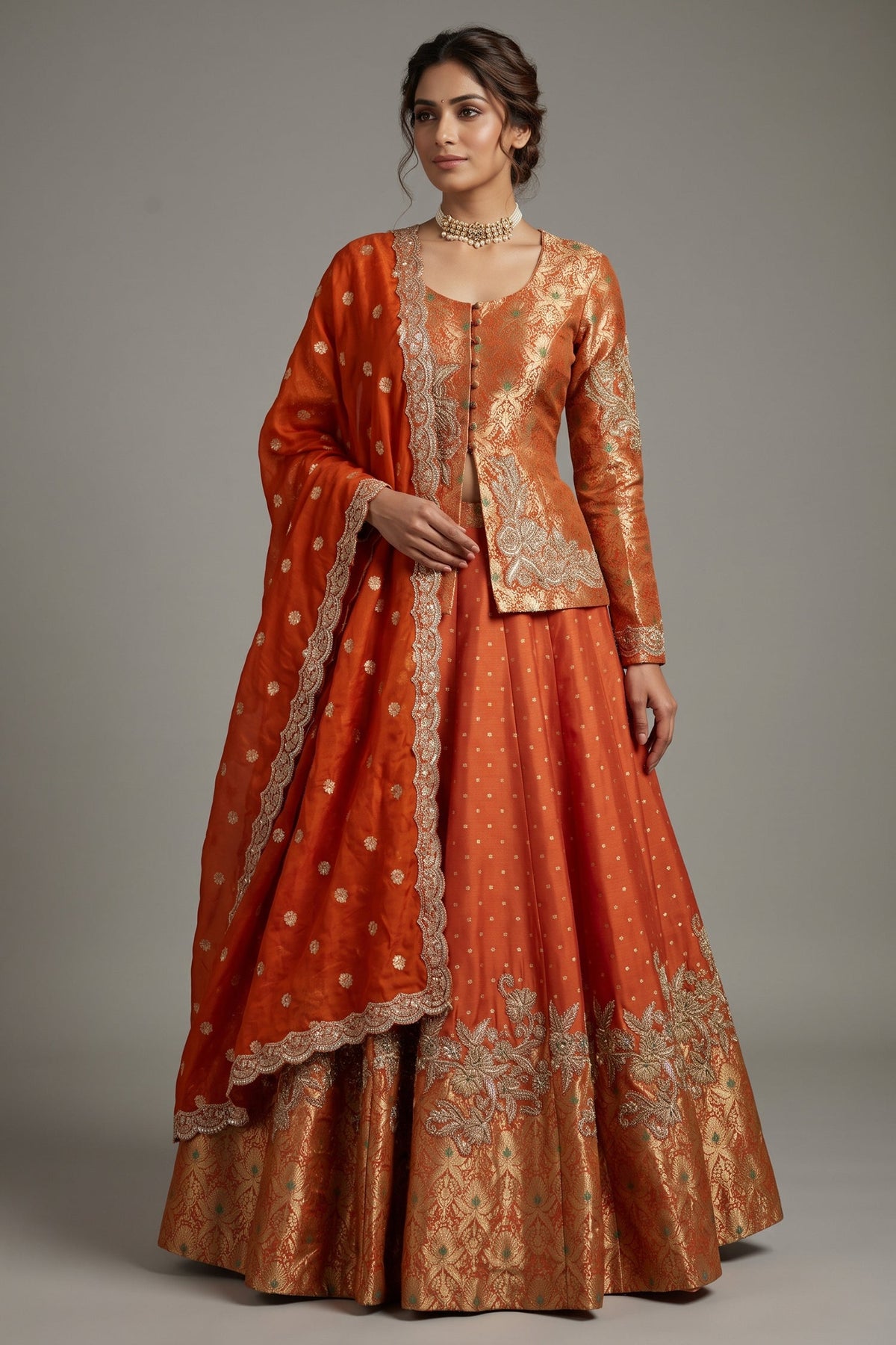 Orange Banarasi Silk Woven Lehenga with Long Blouse