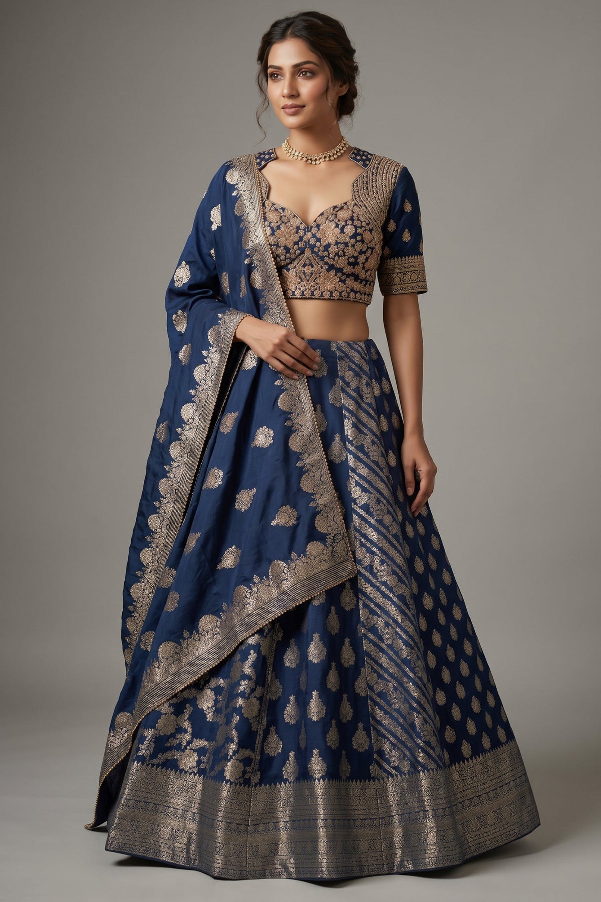 Blue Chinon Woven Lehenga