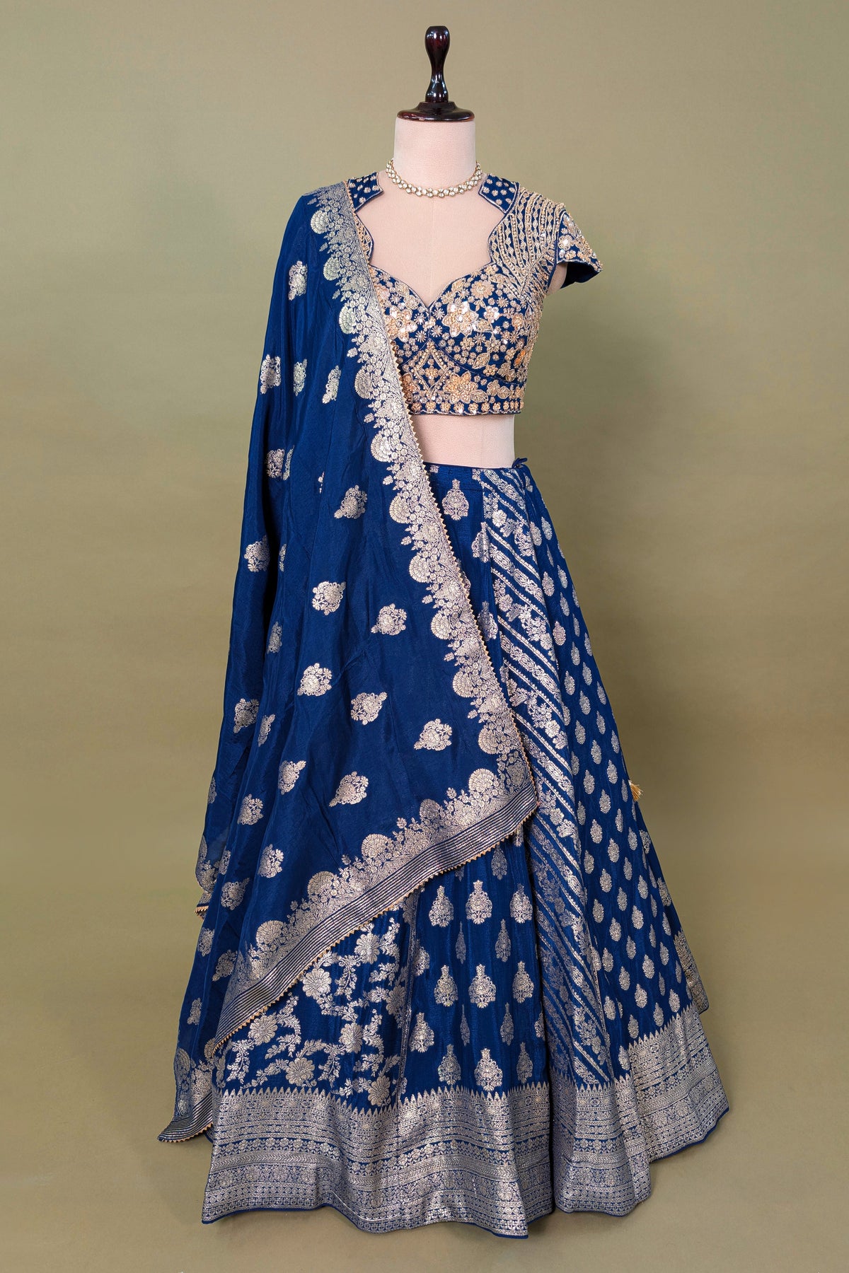 Blue Chinon Woven Lehenga