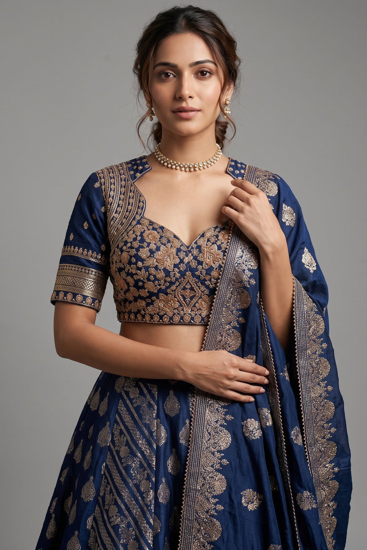 Blue Chinon Woven Lehenga