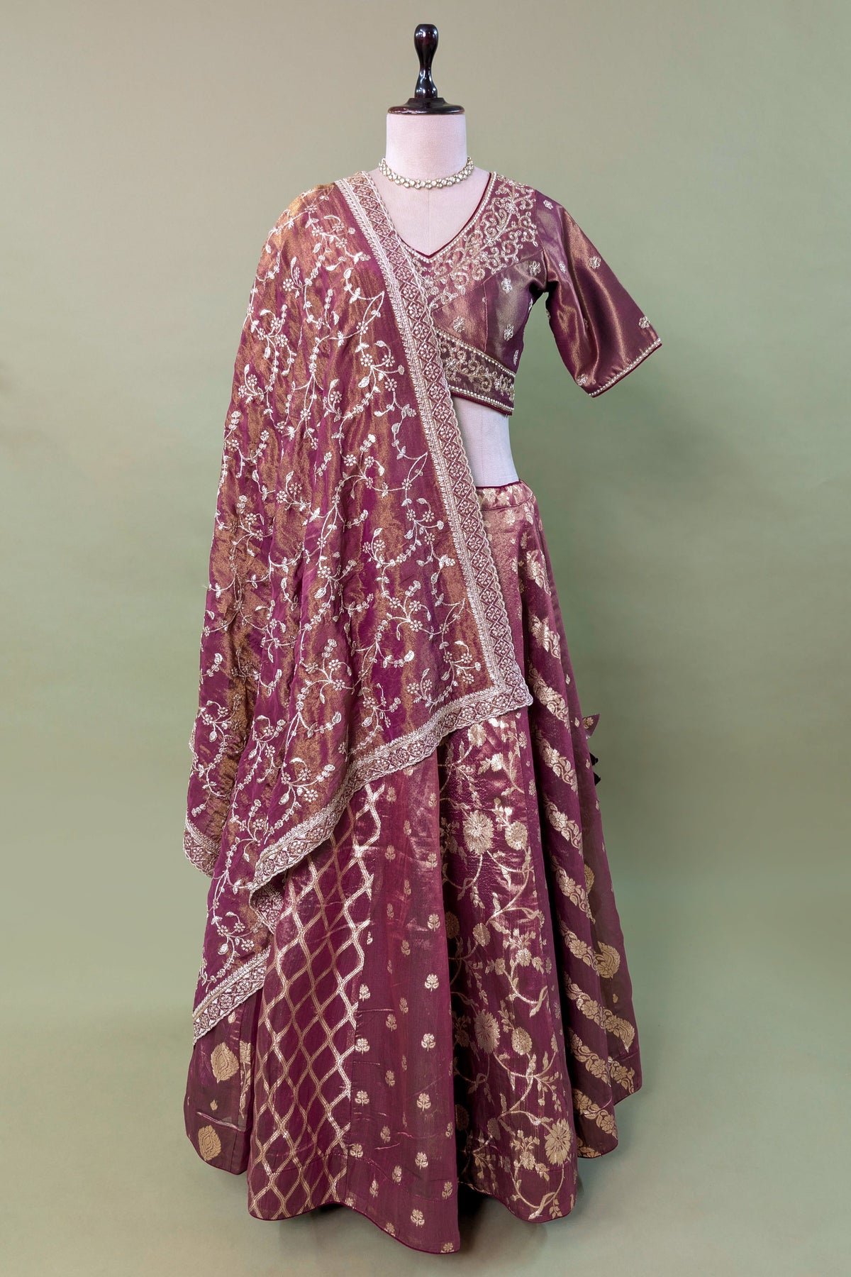 Magenta Tissue Woven Lehenga with Beads and Sequin Work