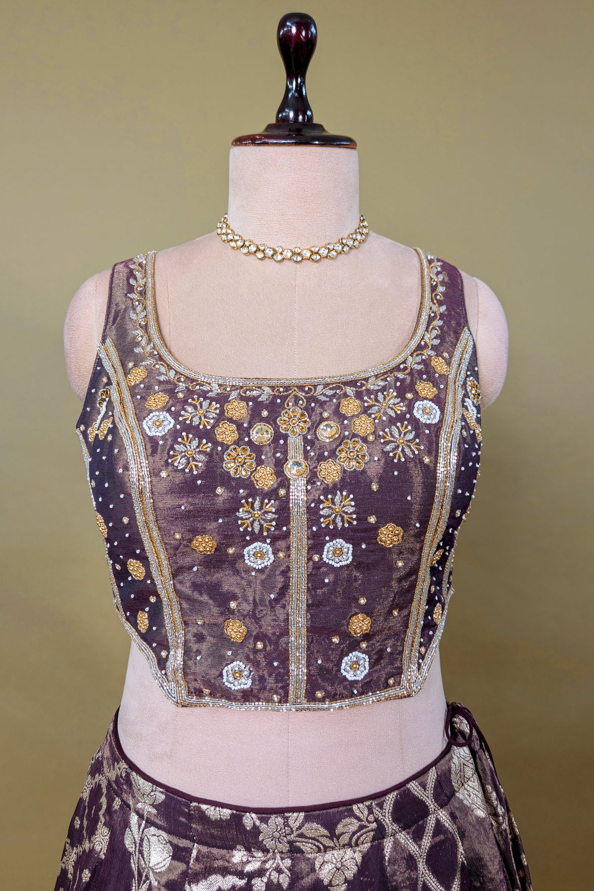 Brown Tissue Woven Lehenga with Sequin Beaded Corset Blouse