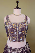 Brown Tissue Woven Lehenga with Sequin Beaded Corset Blouse