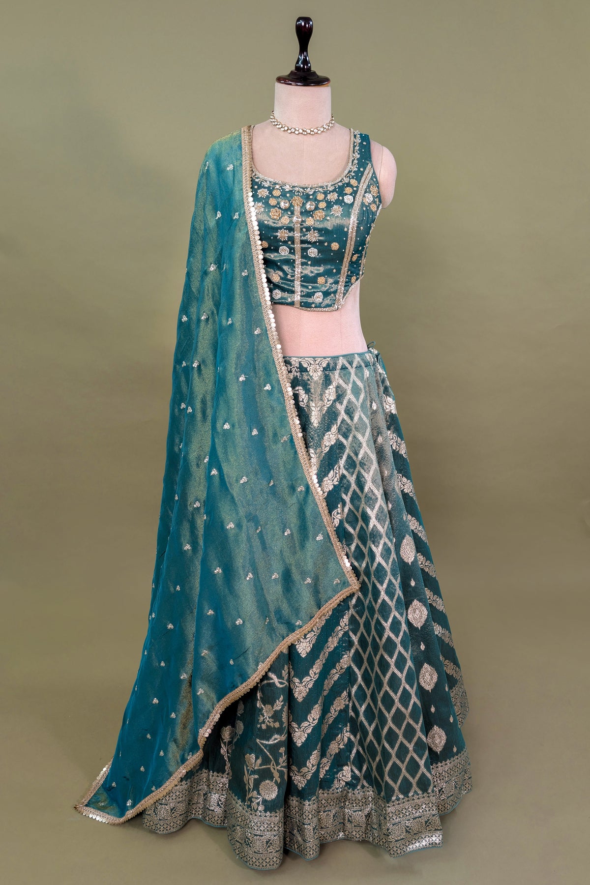 Green Tissue Woven Lehenga with Sequin Beaded Corset Blouse