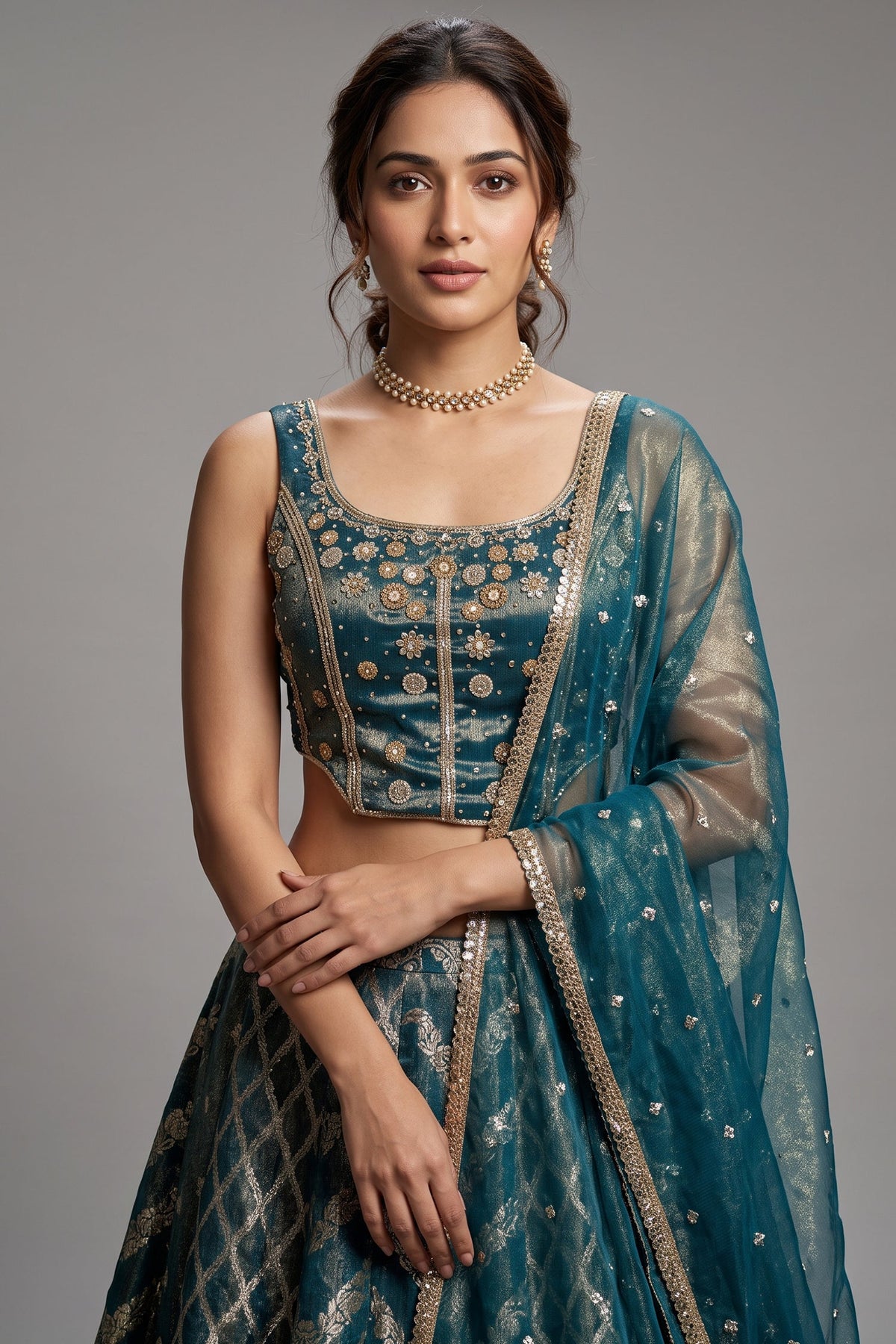 Green Tissue Woven Lehenga with Sequin Beaded Corset Blouse