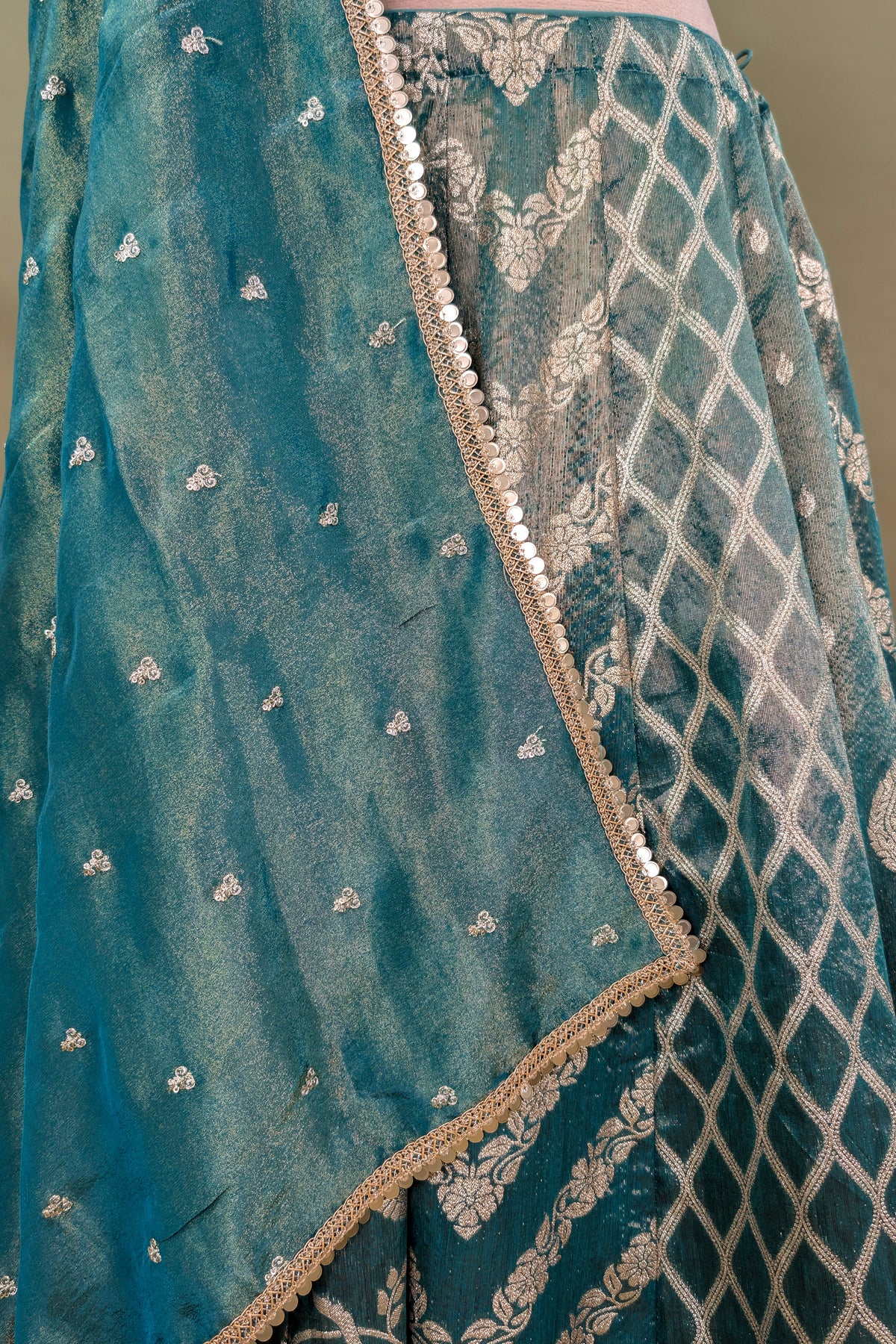 Green Tissue Woven Lehenga with Sequin Beaded Corset Blouse