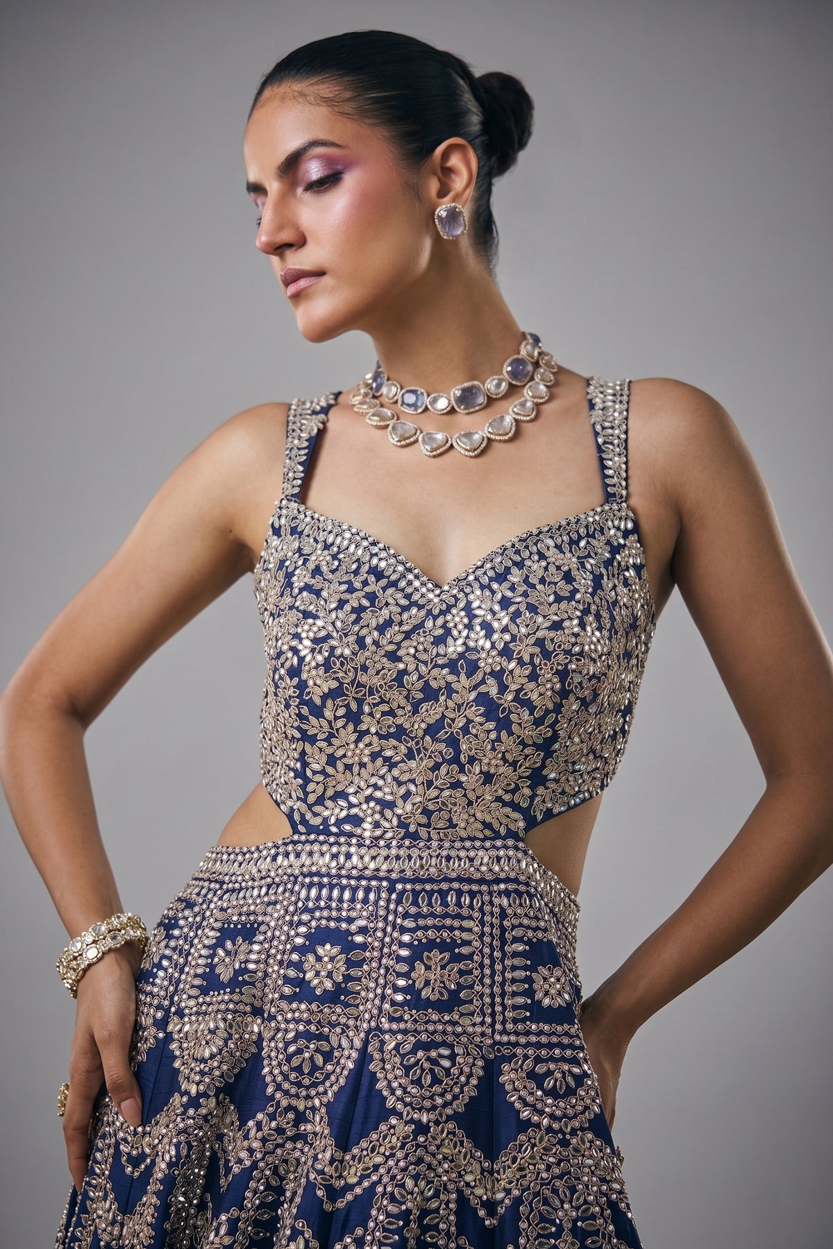 Blue Raw Silk Mirror Beaded Work Designer Side Cut Out Gown