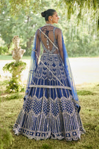 Blue Raw Silk Mirror Beaded Work Designer Side Cut Out Gown