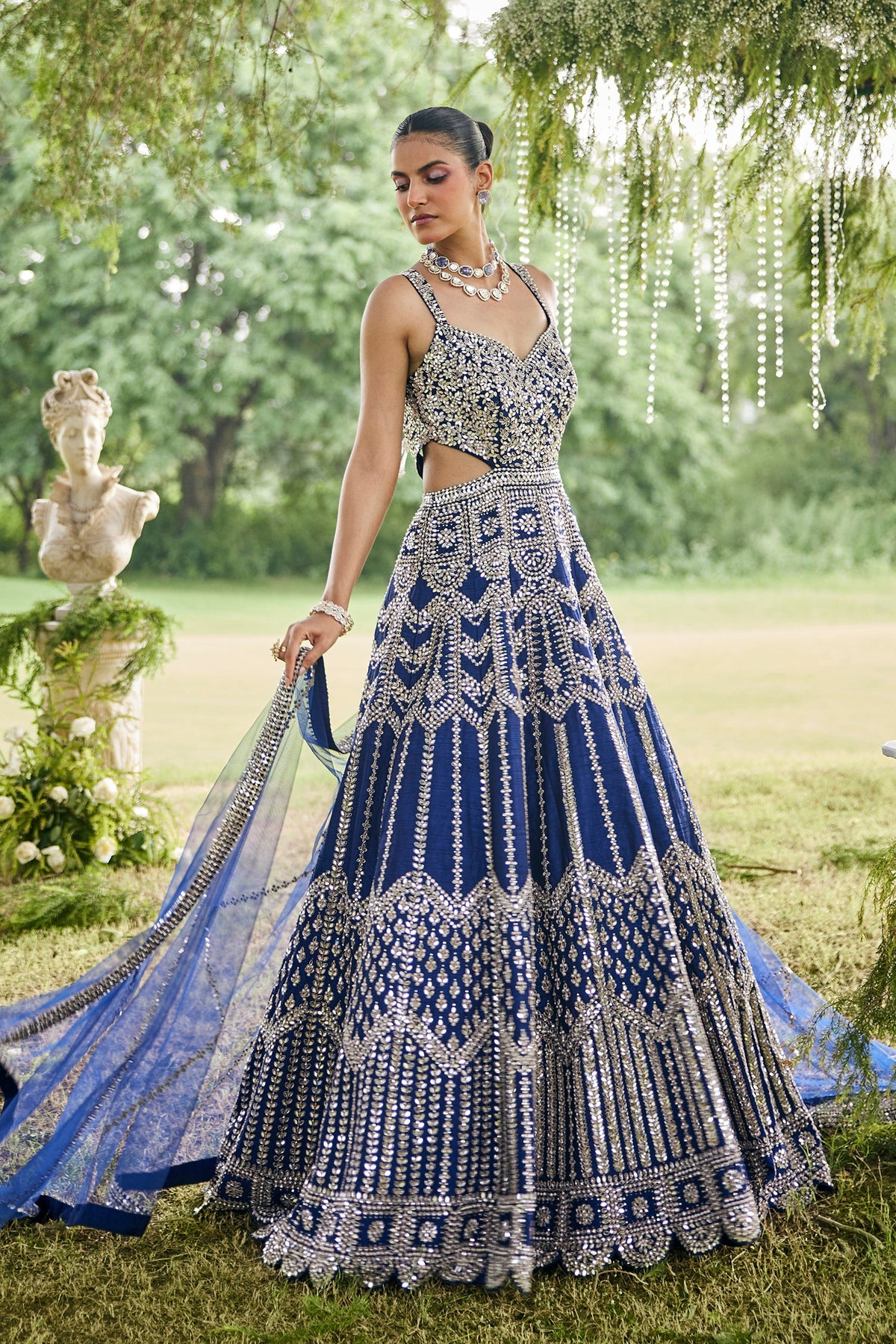 Blue Raw Silk Mirror Beaded Work Designer Side Cut Out Gown