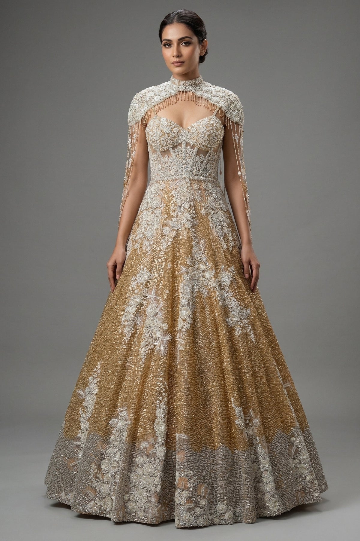 Champagne Gold Net Couture Gown with Ethereal Shoulder Capes