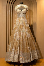 Champagne Gold Net Couture Gown with Ethereal Shoulder Capes