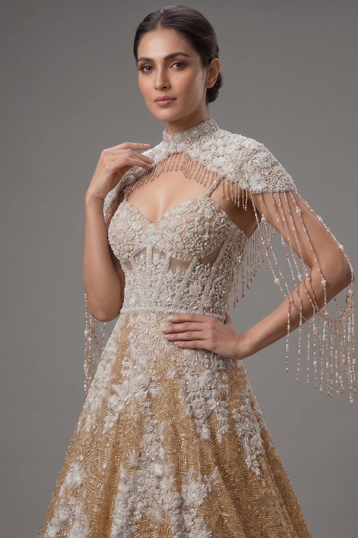 Champagne Gold Net Couture Gown with Ethereal Shoulder Capes
