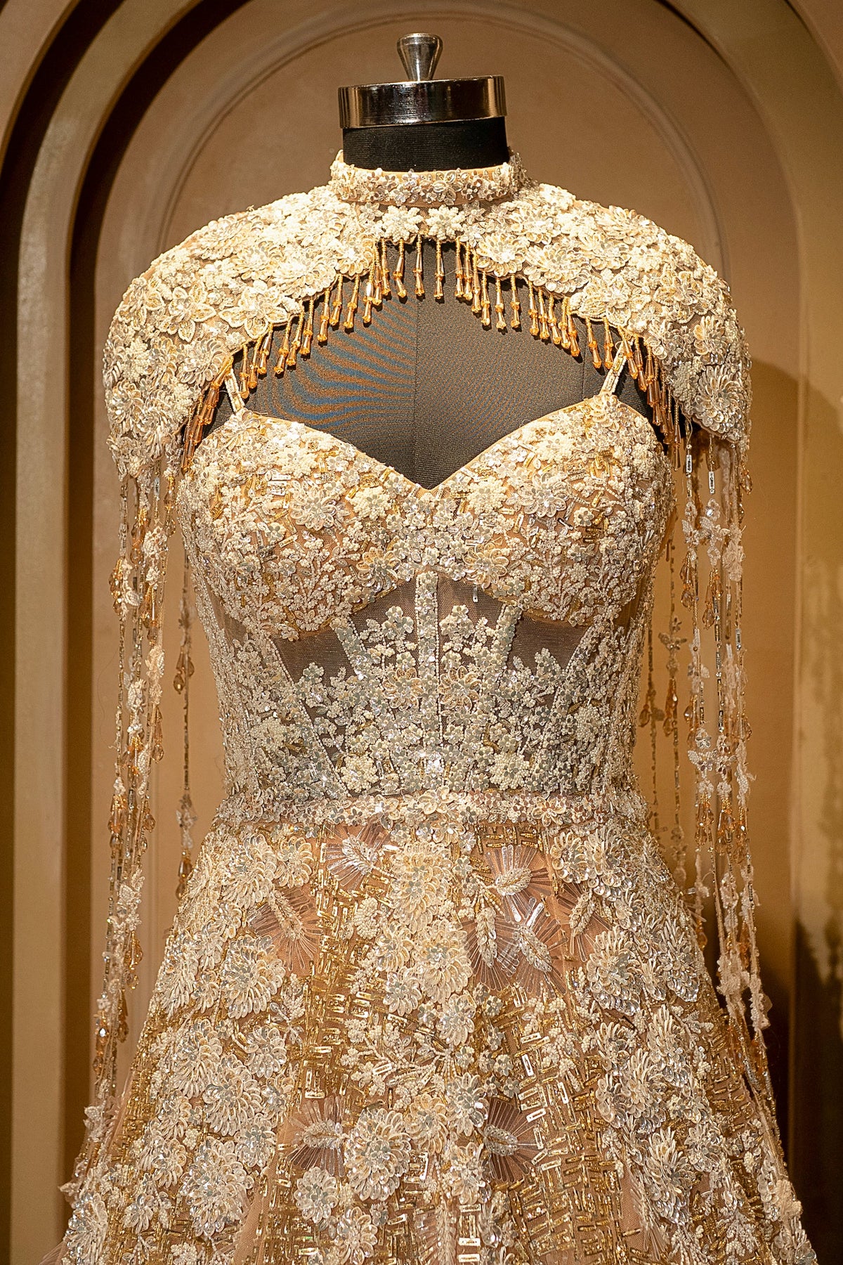 Champagne Gold Net Couture Gown with Ethereal Shoulder Capes