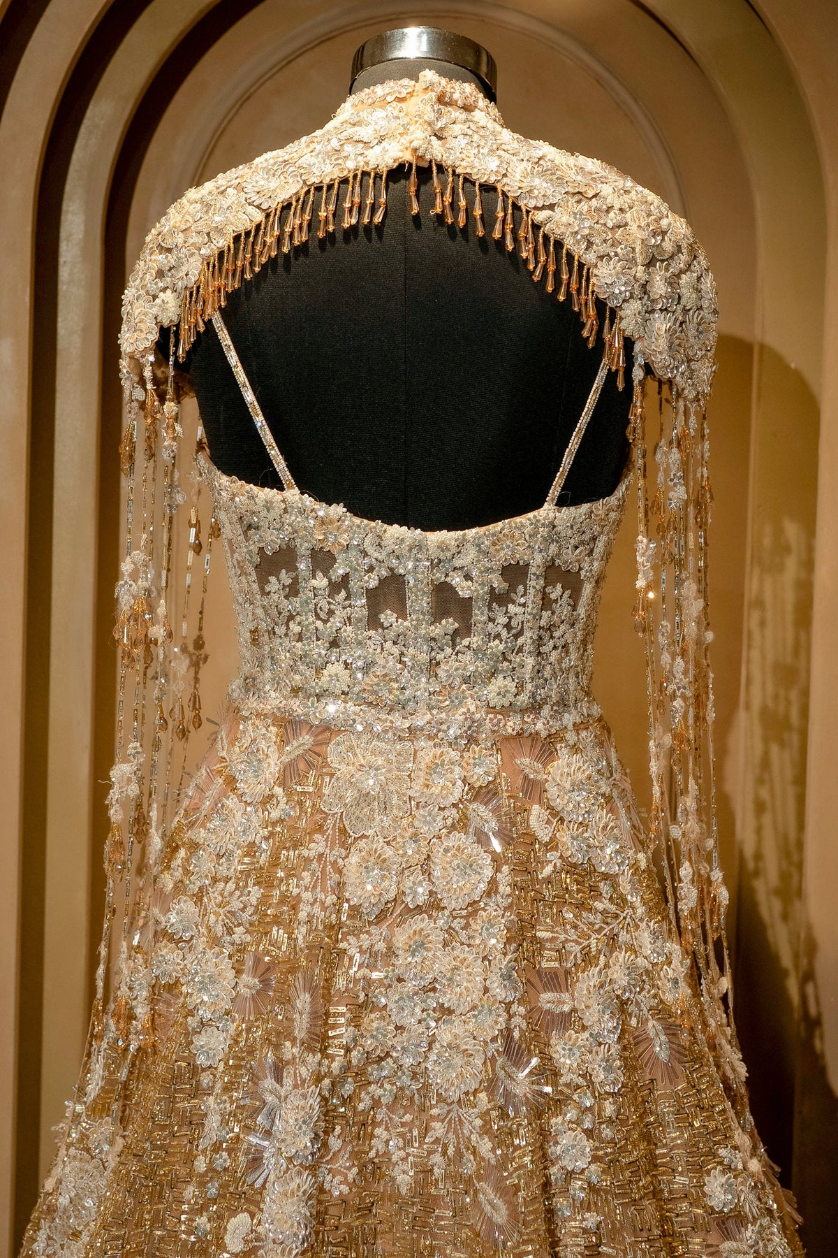 Champagne Gold Net Couture Gown with Ethereal Shoulder Capes