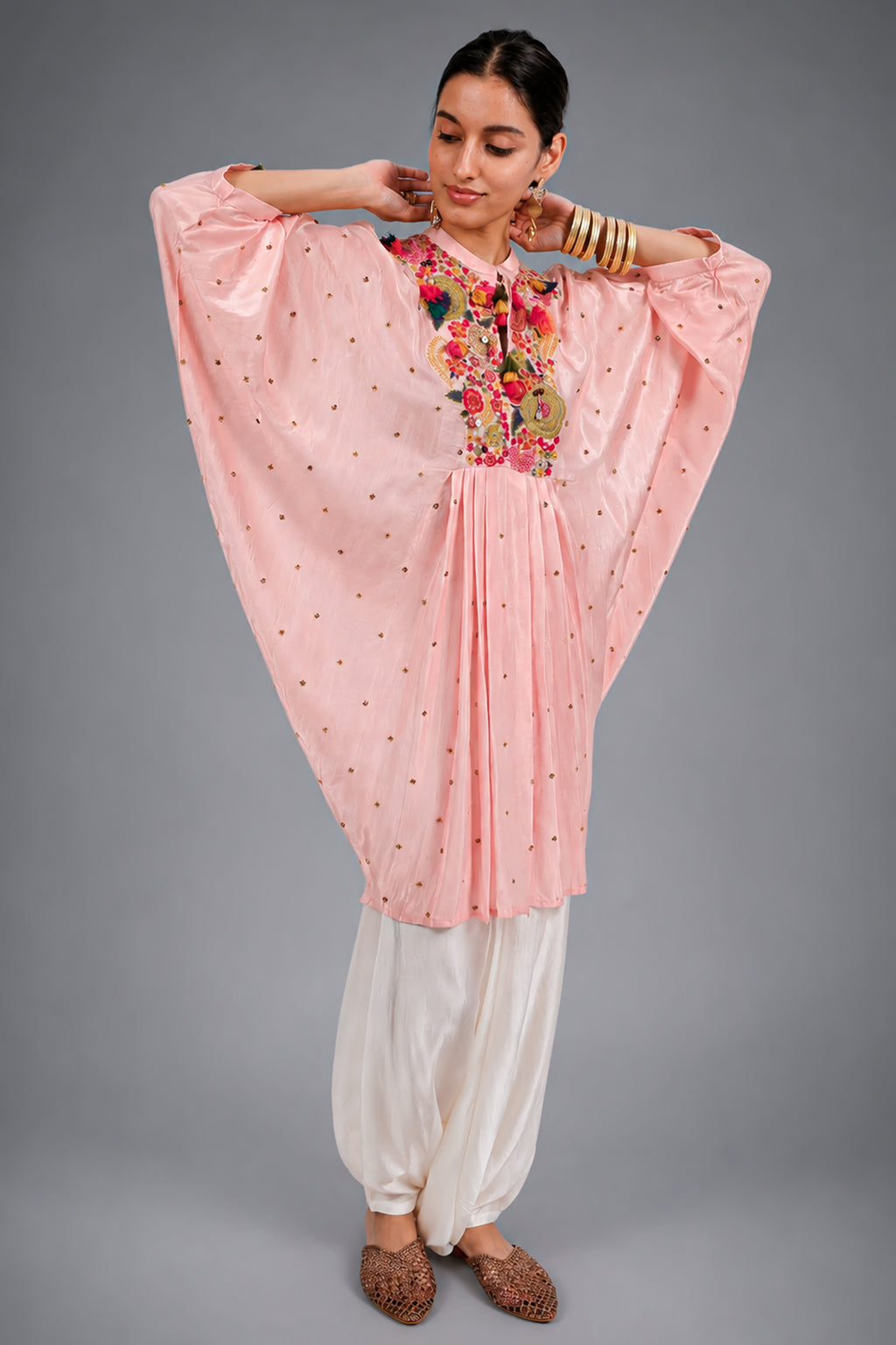 Light Pink Silk Intricate Thread Embroidery Kaftan Style Top