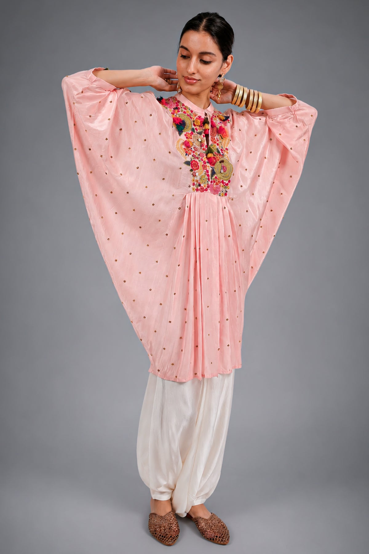 Light Pink Silk Intricate Thread Embroidery Kaftan Style Top