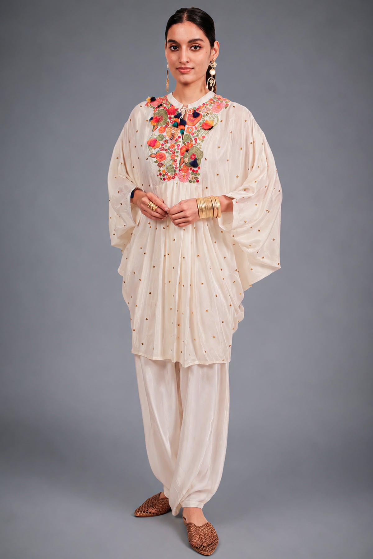 Pearl White Silk Intricate Thread Embroidery Kaftan Style Top