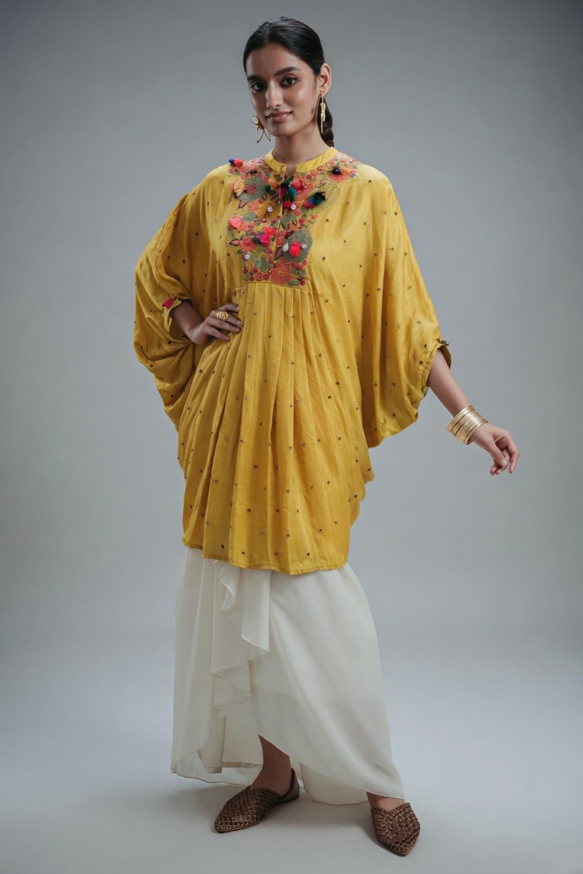Yellow Silk Intricate Thread Embroidery Kaftan Style Top