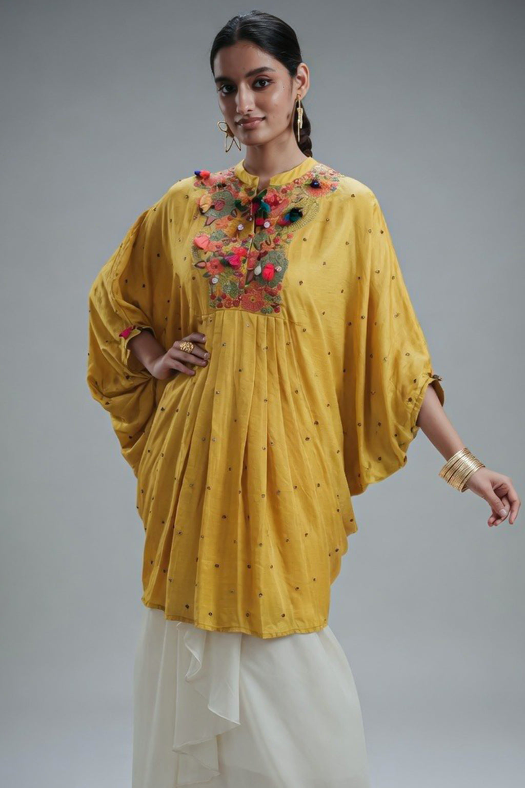 Yellow Silk Intricate Thread Embroidery Kaftan Style Top