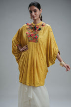 Yellow Silk Intricate Thread Embroidery Kaftan Style Top