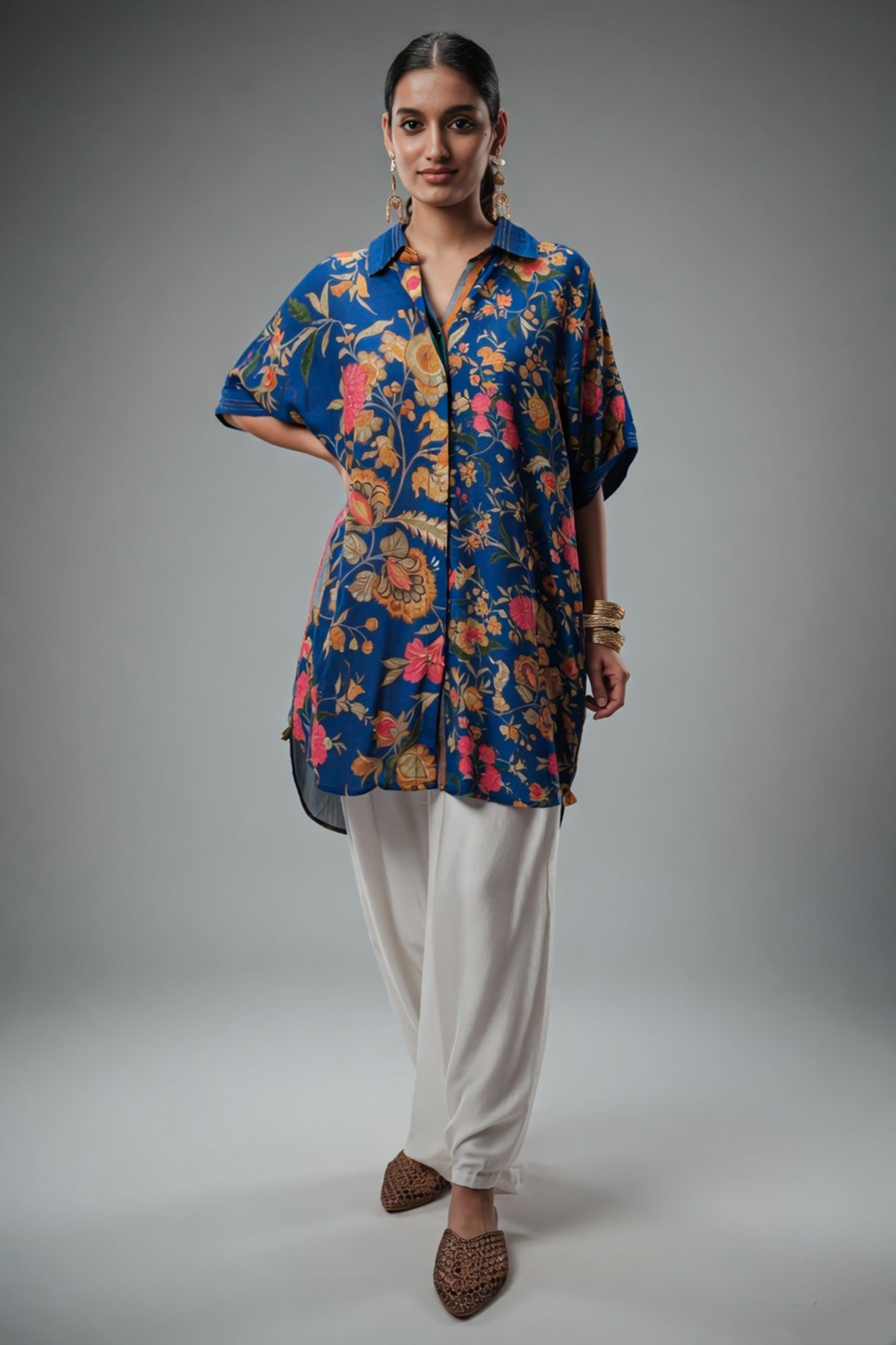 Blue Silk Floral Printed High and Low Top with Pocket