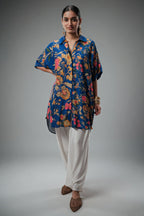 Blue Silk Floral Printed High and Low Top with Pocket