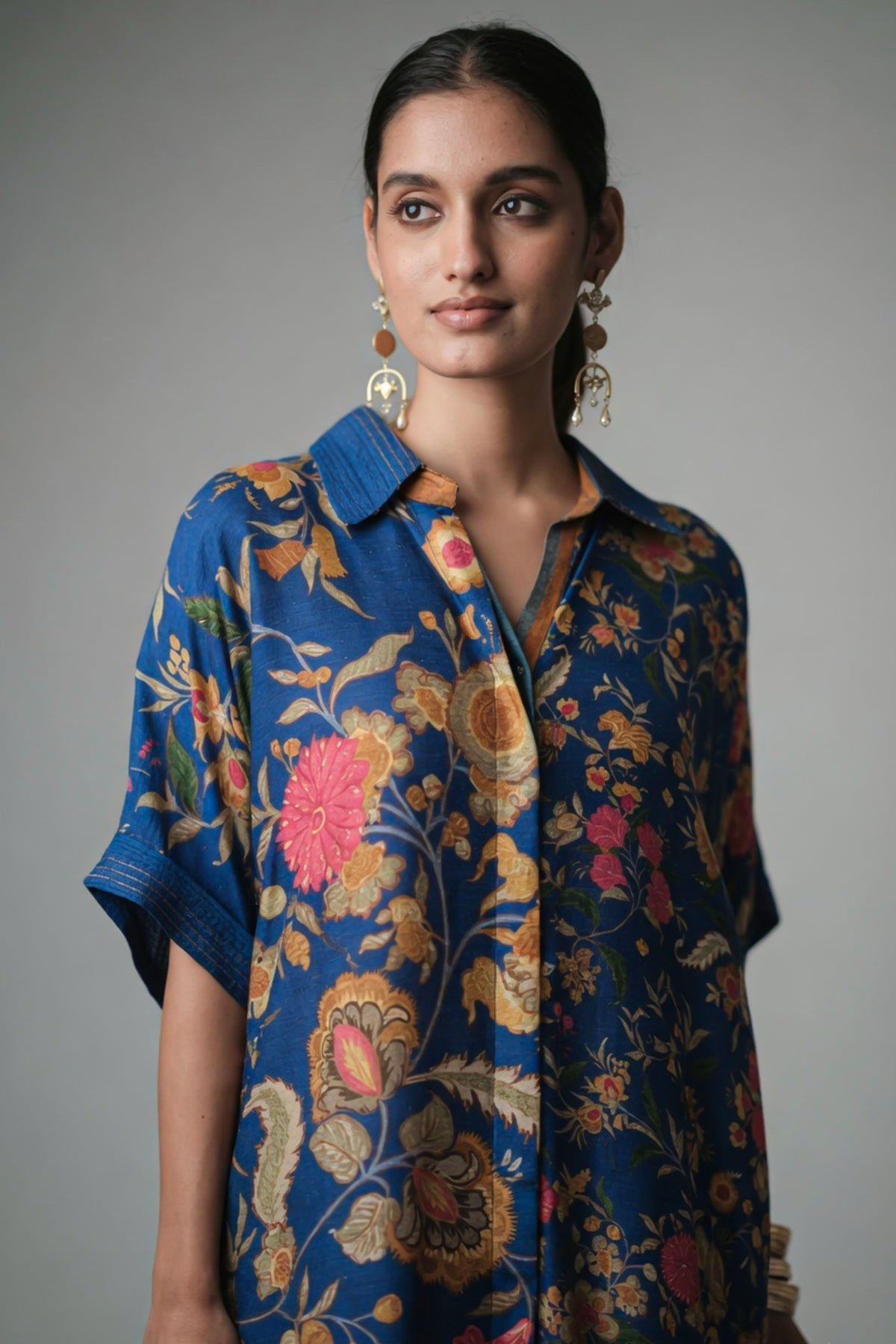 Blue Silk Floral Printed High and Low Top with Pocket