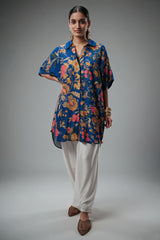 Blue Silk Floral Printed High and Low Top with Pocket