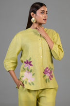 Chartreuse Yellow Cotton Linen  Co-Ord Set with Sequin and Beaded Patch Work