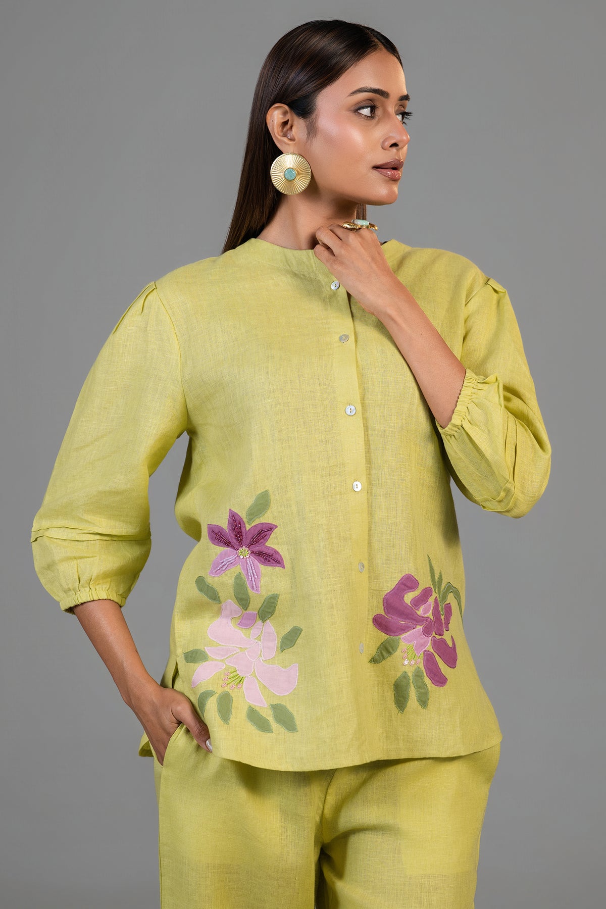 Chartreuse Yellow Cotton Linen  Co-Ord Set with Sequin and Beaded Patch Work