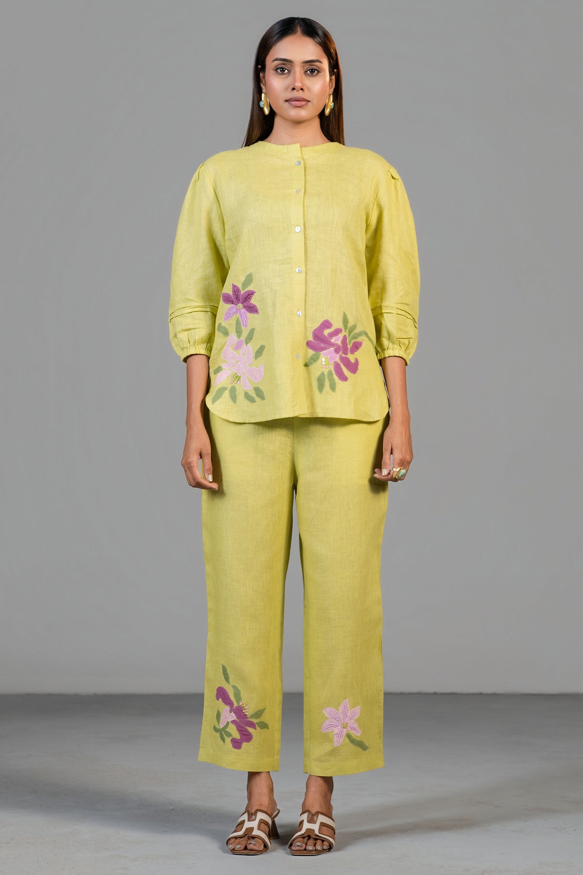 Chartreuse Yellow Cotton Linen  Co-Ord Set with Sequin and Beaded Patch Work