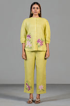 Chartreuse Yellow Cotton Linen  Co-Ord Set with Sequin and Beaded Patch Work