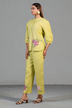 Chartreuse Yellow Cotton Linen  Co-Ord Set with Sequin and Beaded Patch Work