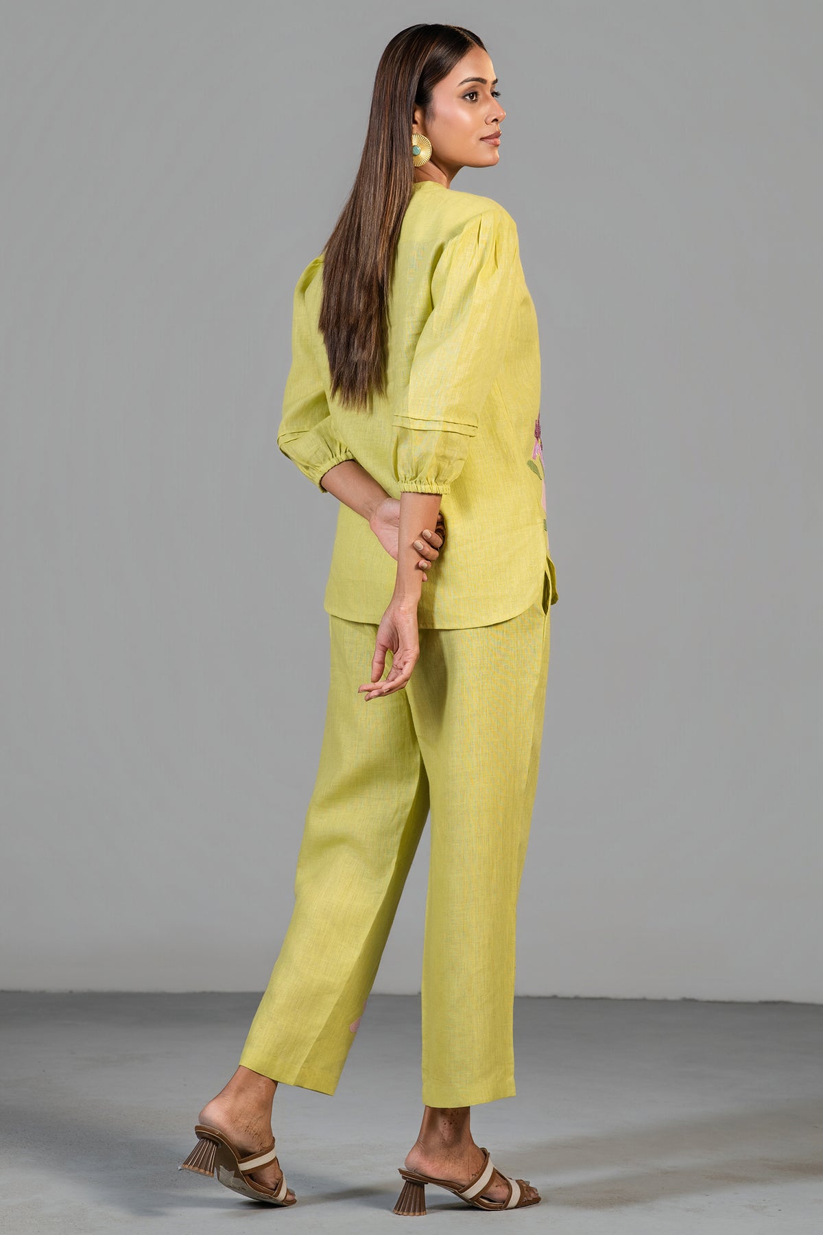 Chartreuse Yellow Cotton Linen  Co-Ord Set with Sequin and Beaded Patch Work