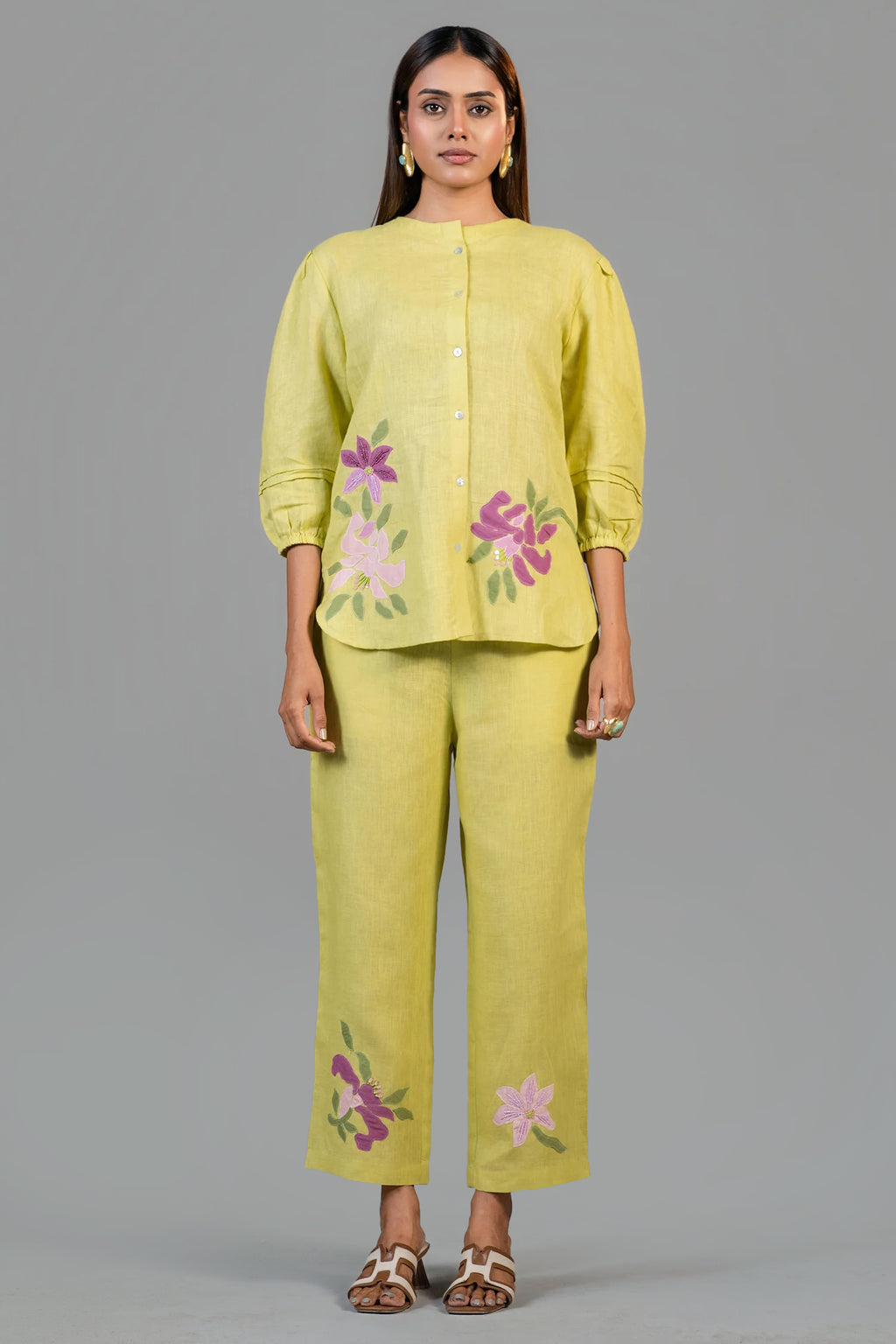 Chartreuse Yellow Cotton Linen  Co-Ord Set with Sequin and Beaded Patch Work