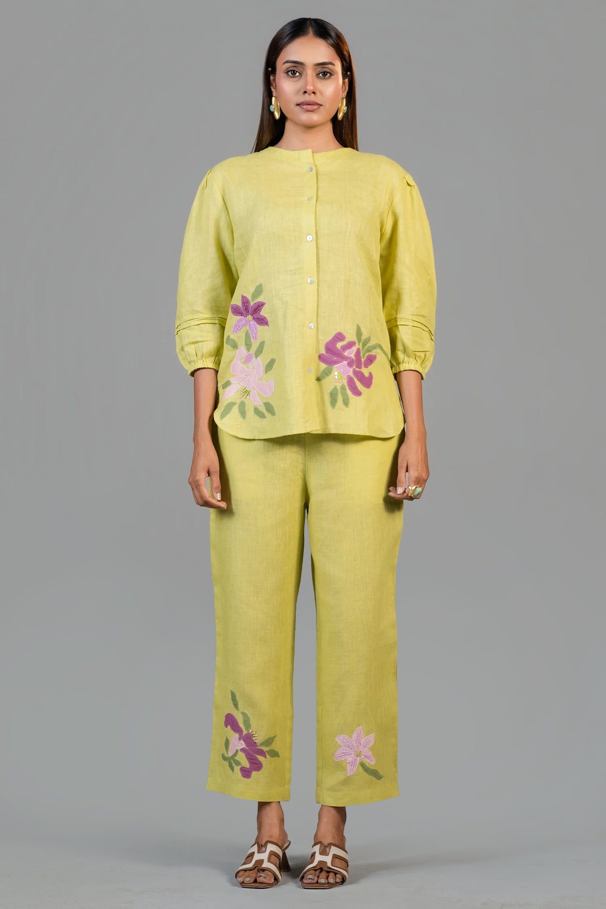 Chartreuse Yellow Cotton Linen  Co-Ord Set with Sequin and Beaded Patch Work