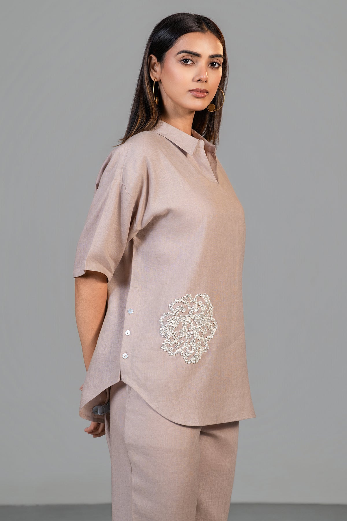 Dusty Rose Pink Linen Bead Work Co-Ord Set