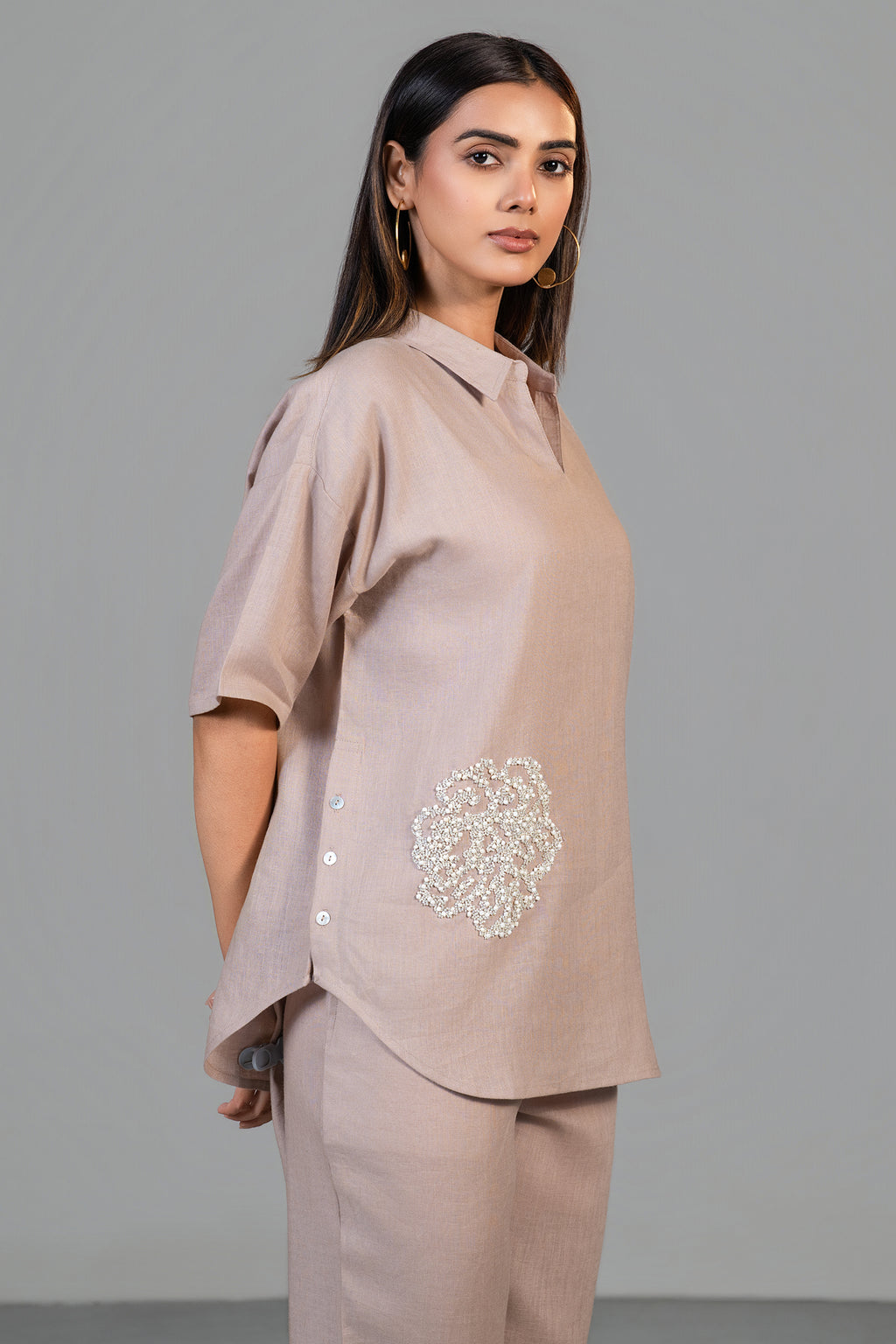 Dusty Rose Pink Linen Bead Work Co-Ord Set