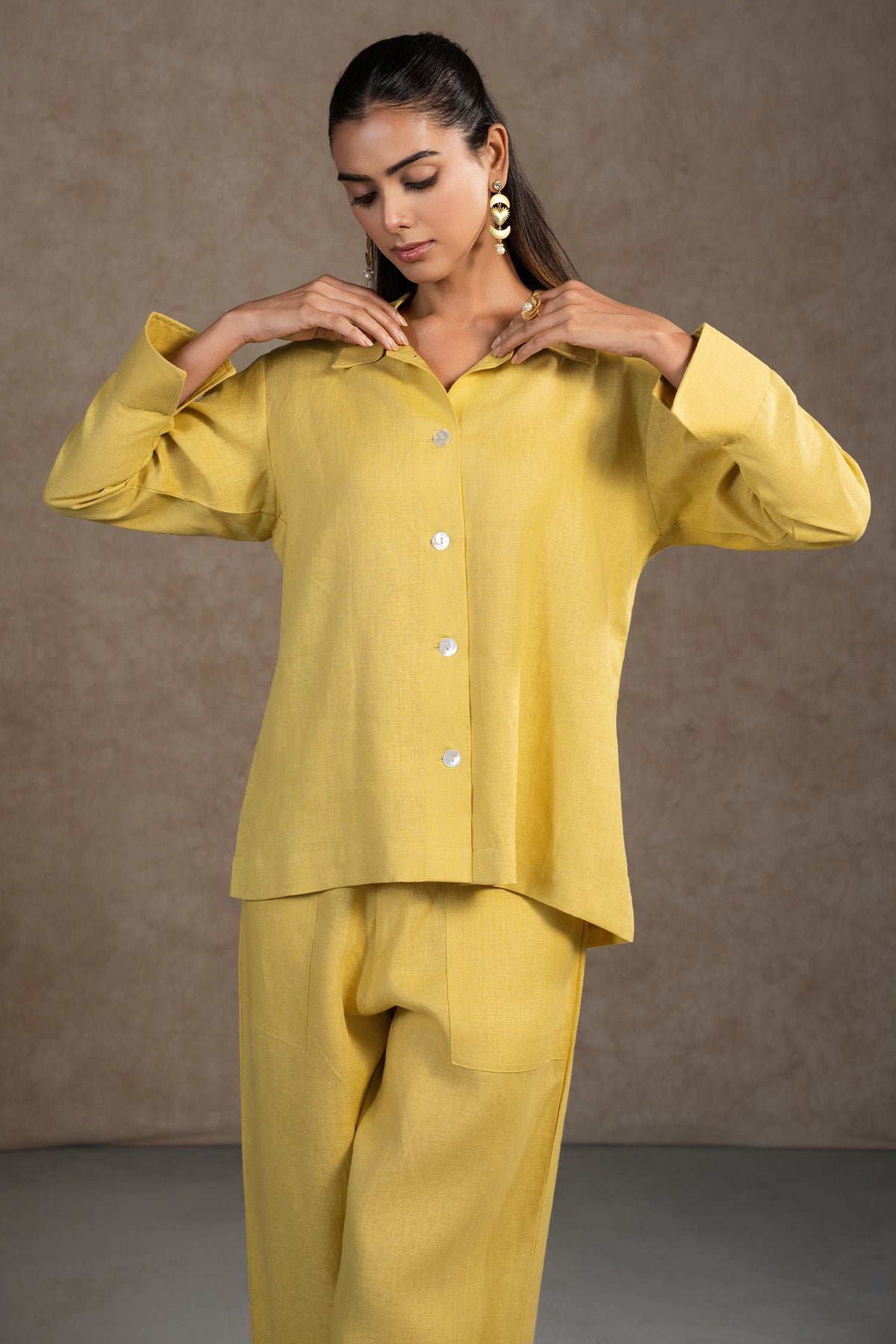 Lime Yellow Linen Solid Co-Ord Set