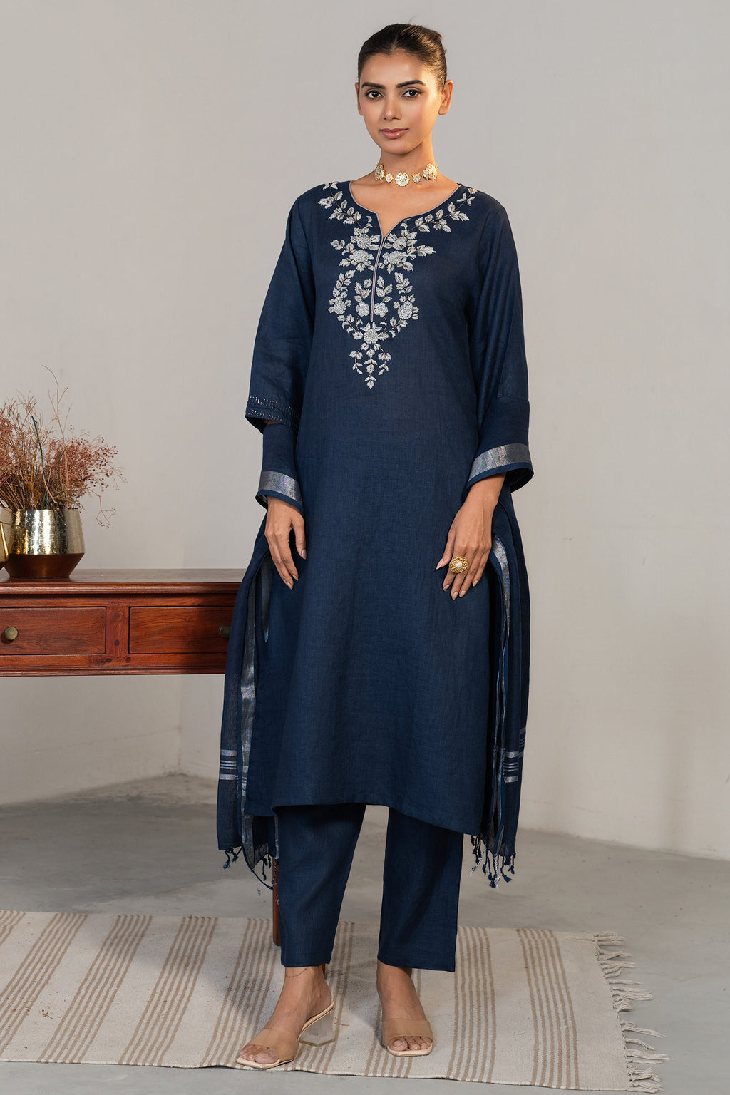 Prussian Blue Cotton Embroidery and Cutdana Work Kurti Set