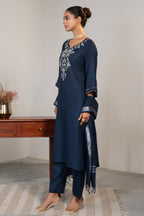 Prussian Blue Cotton Embroidery and Cutdana Work Kurti Set