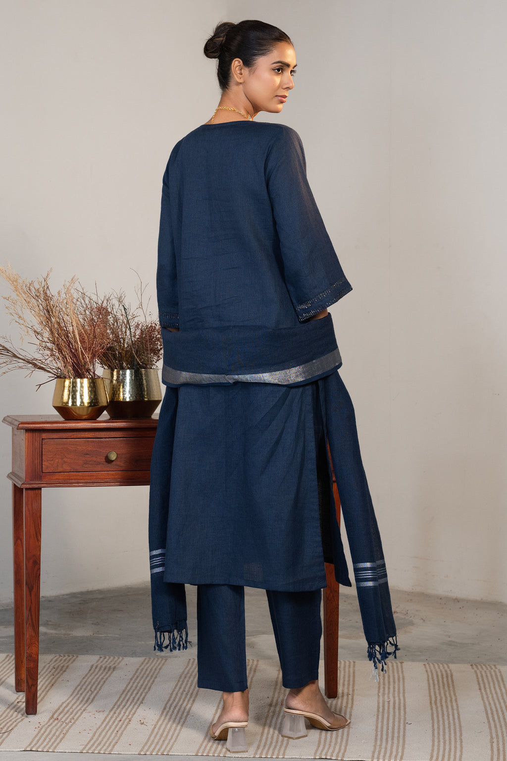 Prussian Blue Cotton Embroidery and Cutdana Work Kurti Set