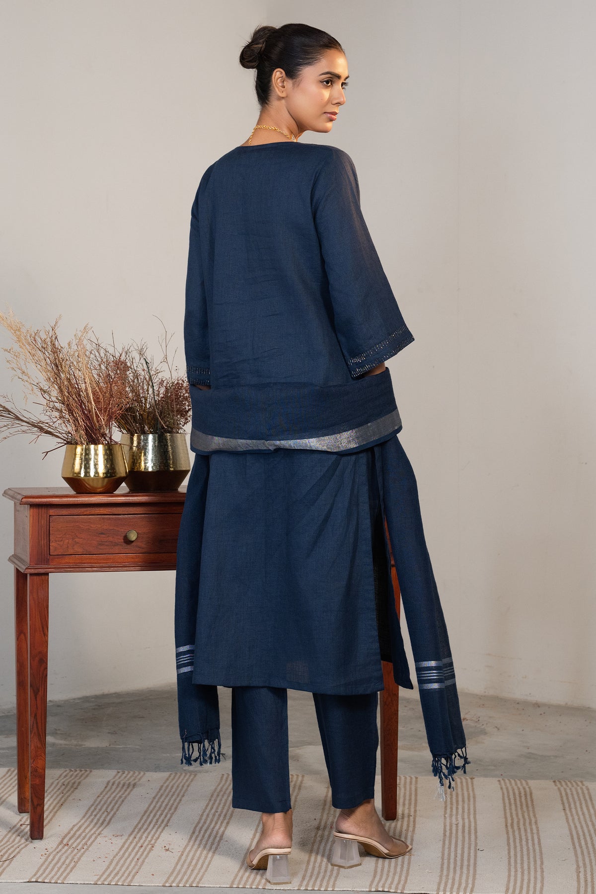 Prussian Blue Cotton Embroidery and Cutdana Work Kurti Set
