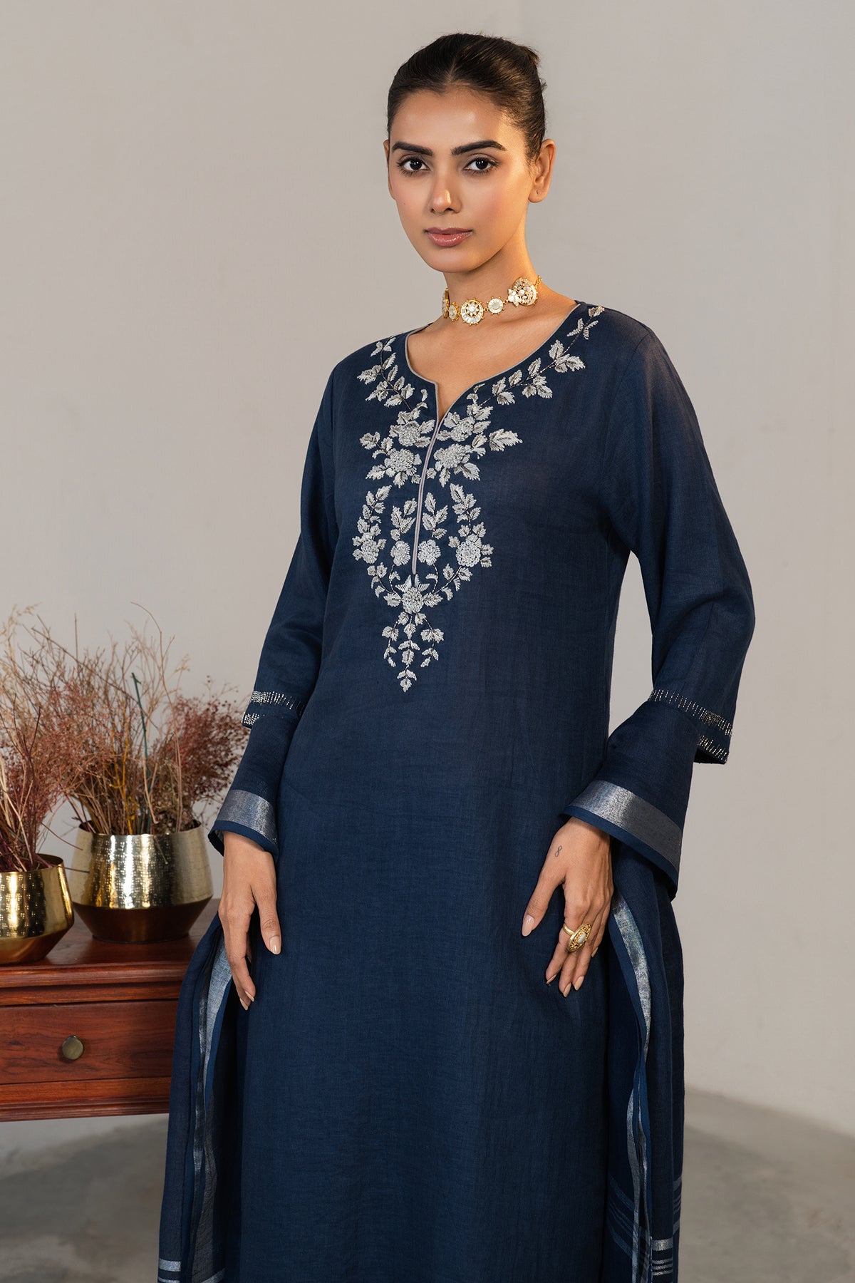 Prussian Blue Cotton Embroidery and Cutdana Work Kurti Set