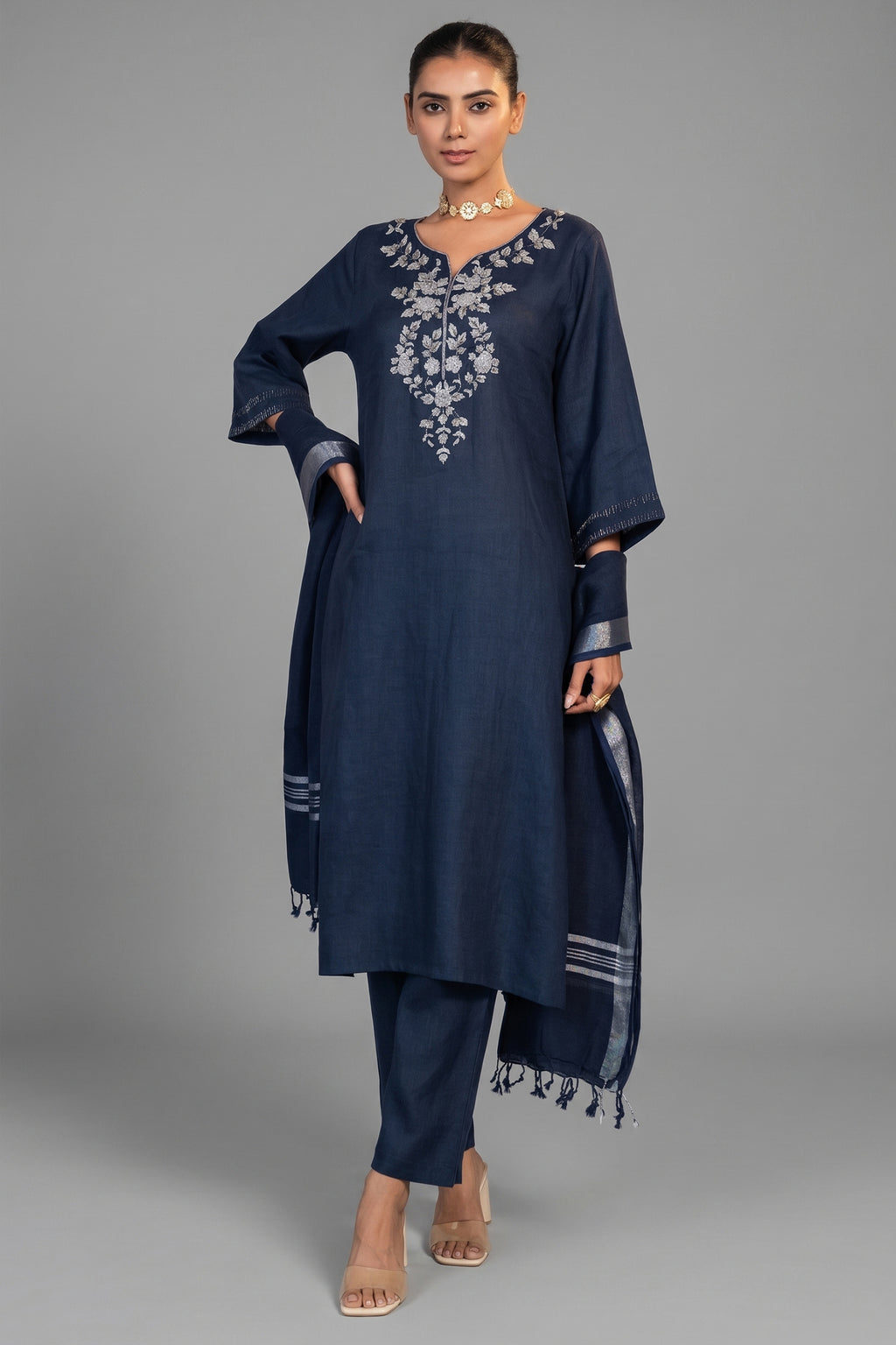 Prussian Blue Cotton Embroidery and Cutdana Work Kurti Set
