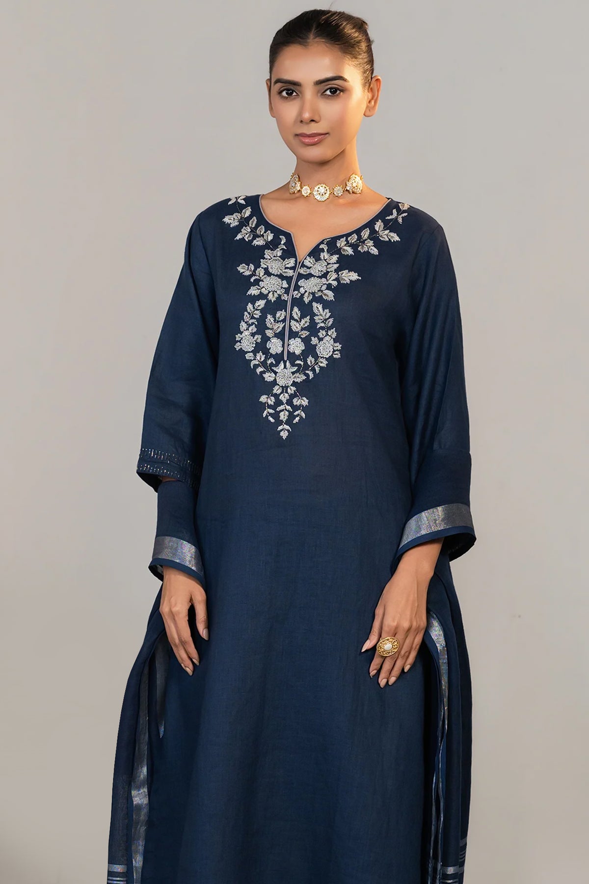 Prussian Blue Cotton Embroidery and Cutdana Work Kurti Set